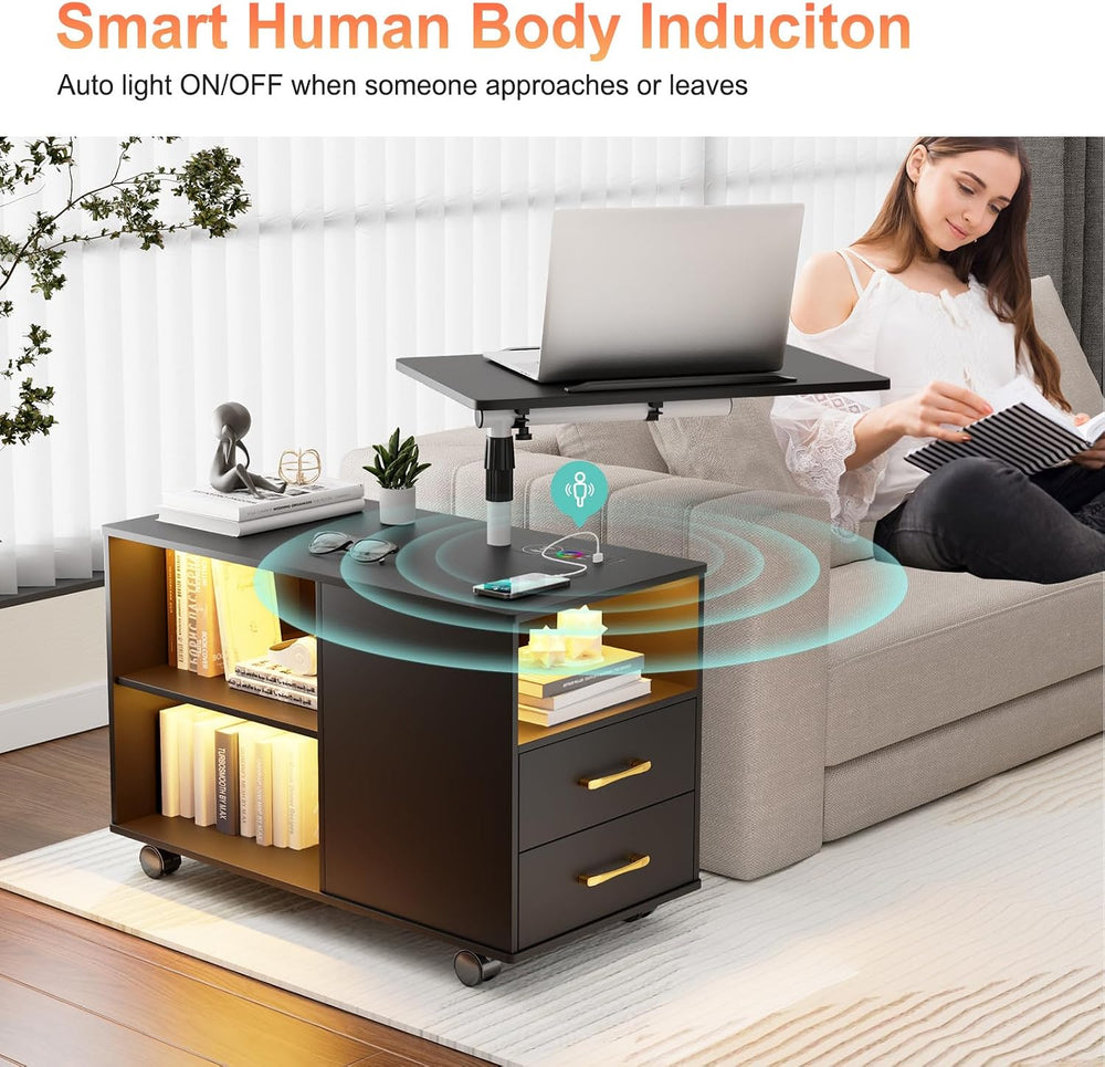 Nightstand with Adjustable Rotary Table,Charging Station(Black)