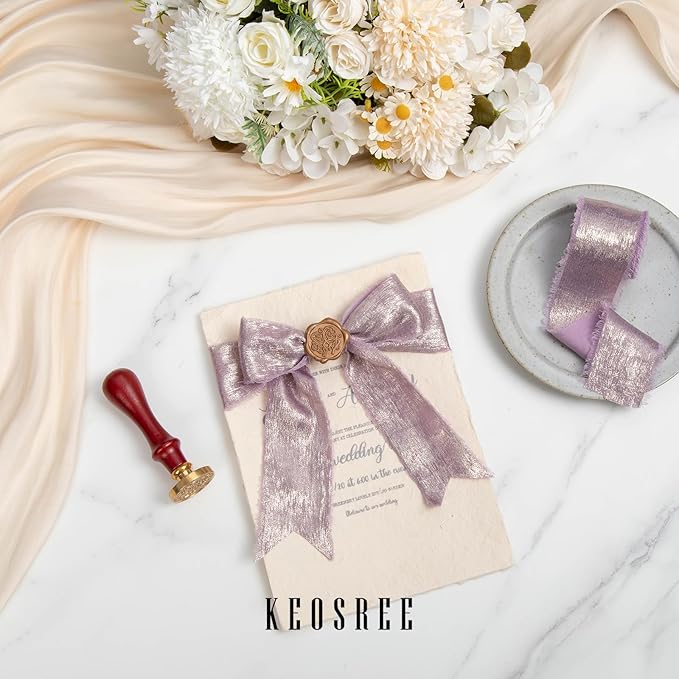 Light Purple Silk Chiffon Ribbon, Lavender Frayed Shimmery Silk Ribbon - Image 3