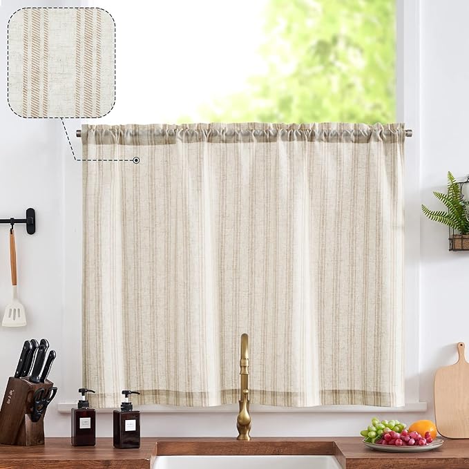 jinchan Tan Striped Kitchen Curtain Linen Farmhouse Cafe Curtain 36 Inch Tiers by JINCHAN