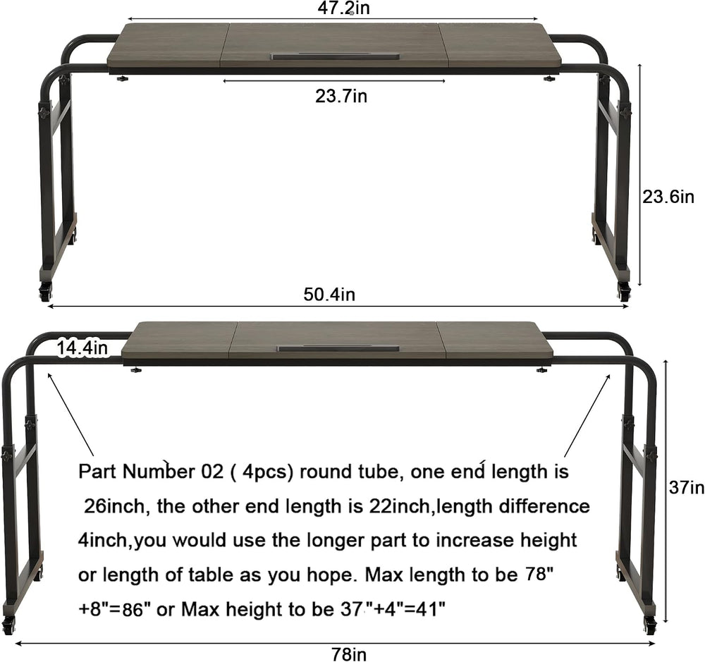 TigerDad Tilt Overbed Table with Wheels, Height Adjustable Rolling Desk for K...