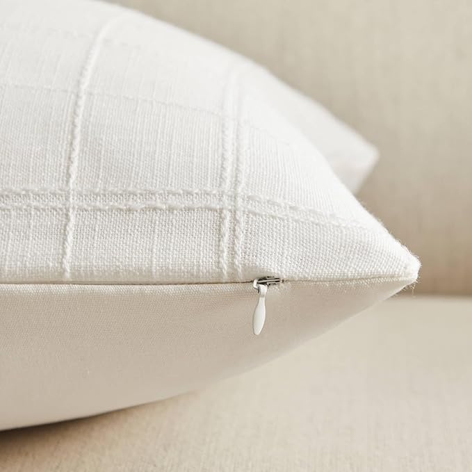 ZeeMart Linen Checked Throw Pillow Covers Set of 2, 20x20 Inch White/Natural - Image 3