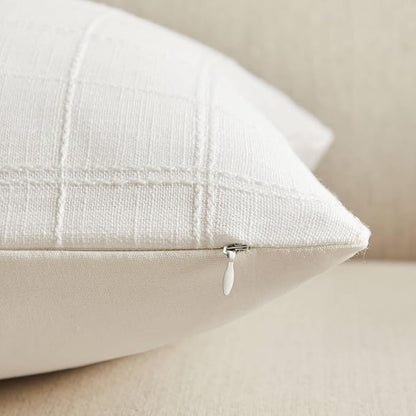 ZeeMart Linen Checked Throw Pillow Covers Set of 2, 22x22 Inch White/Natural - Image 3