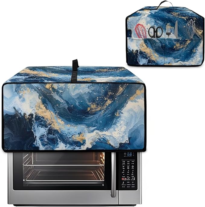 Blue Golden Marble Texture Print Microwave Oven Cover Dust-Proof - Image 2