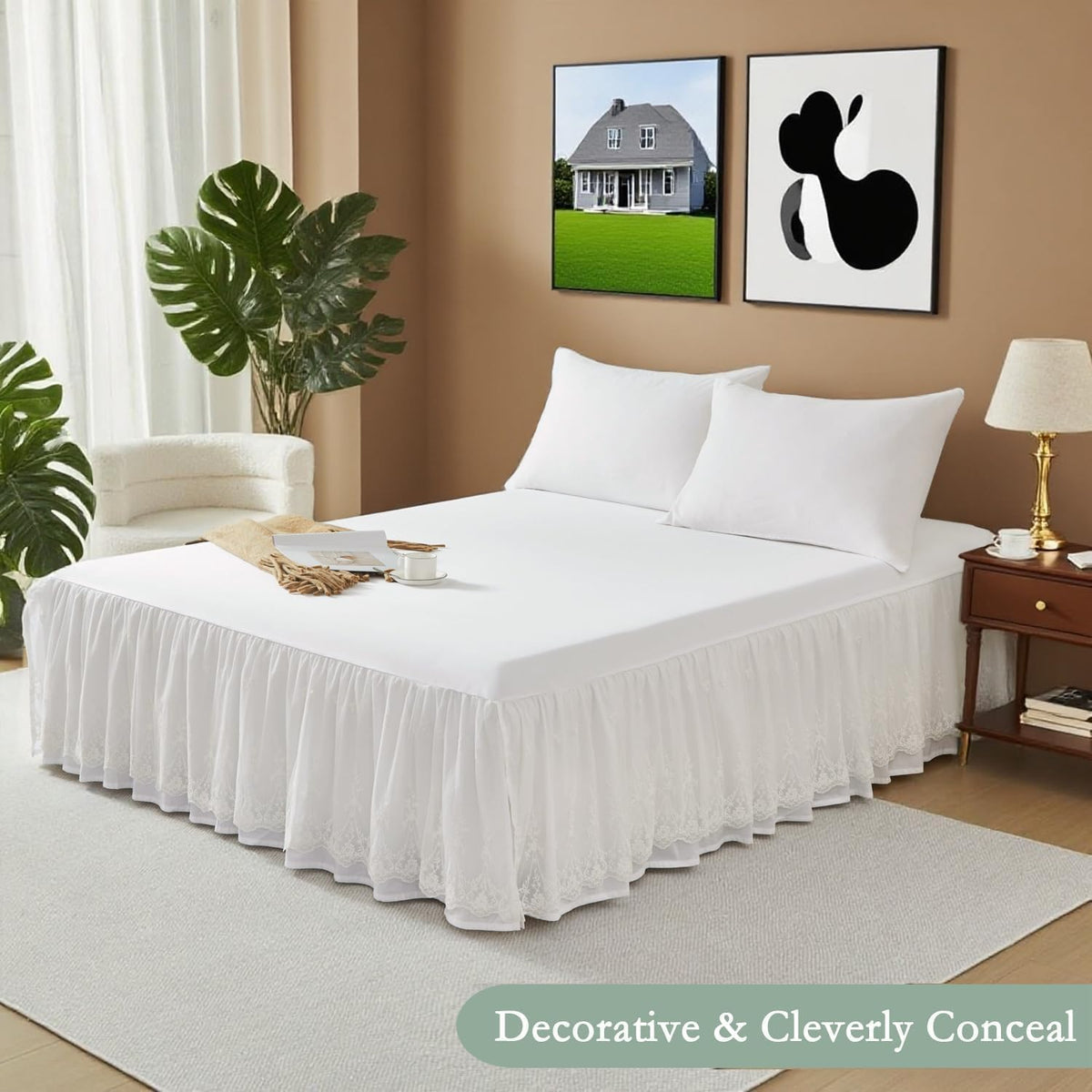 lace bed skirt queen size white bed skirt, side view