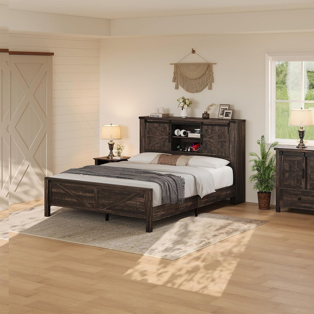luxoak full size farmhouse platform bed with storage, front angle view