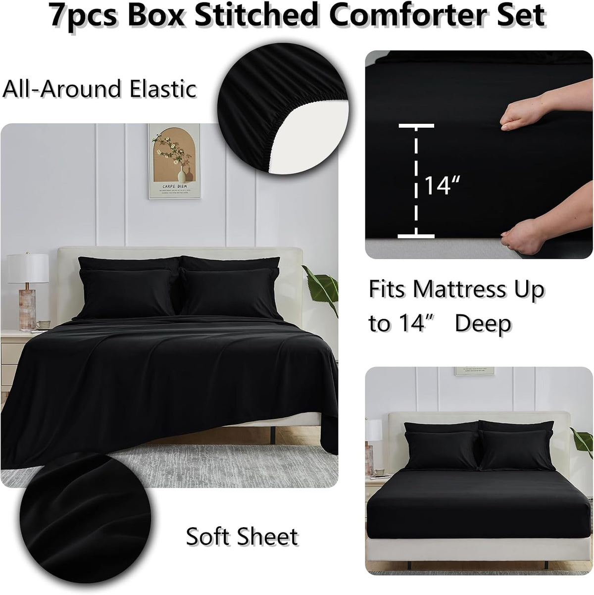 cozylux full size comforter sets, 7-piece bed in showing dimensions