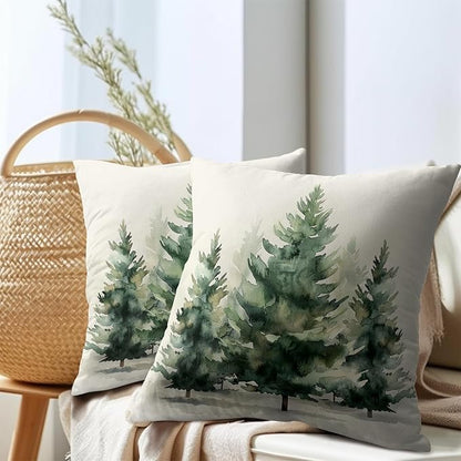 Watercolor Green Tree Throw Pillow Covers 24x24 Inch Set of 2 Green Christmas - Image 7