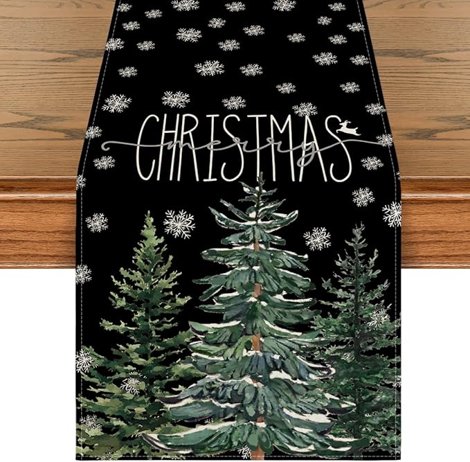 Artoid Mode Black Pine Tree Snowflake Merry Christmas Table Runner, Seasonal by ArtoidMode