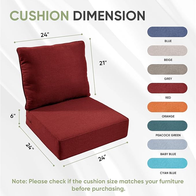 Outdoor Chair Cushions Set of 2, Waterproof 24x24 Patio Chair Cushion, Couch - Image 7