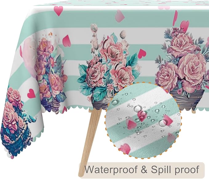 54x70inches Mint and White Stripes Tablecloth Pink Flowers Hearts Printed Table - Image 2