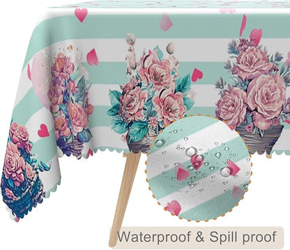 70x120inches Mint and White Stripes Tablecloth Pink Flowers Hearts Printed - Image 2
