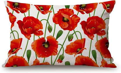 Solekla Red Poppy Flowers Waist Lumbar Cotton Linen Throw Pillow case Cushion by Solekla