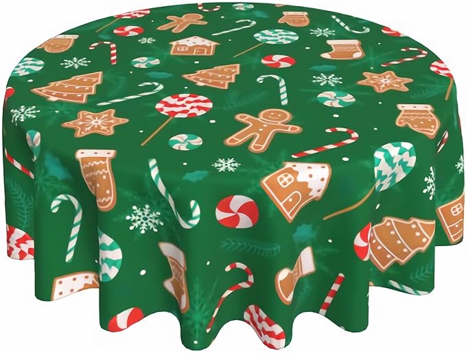 Green Gingerbread Man Round Tablecloth 60 Inch, Christmas Candy Cane by GJLNTRF