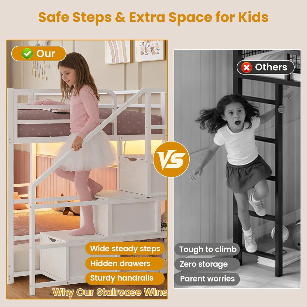 ADORNEVE Low Bunk Bed Twin Over Twin with Storage Stairs, White