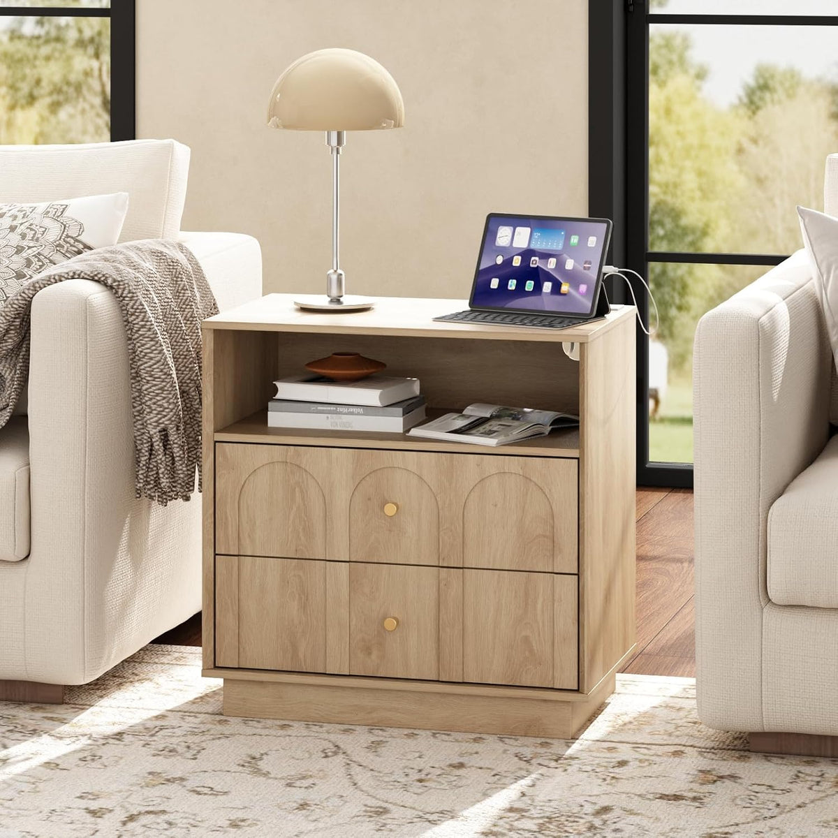 arched design nightstand with charging station, 2 drawers, main product view