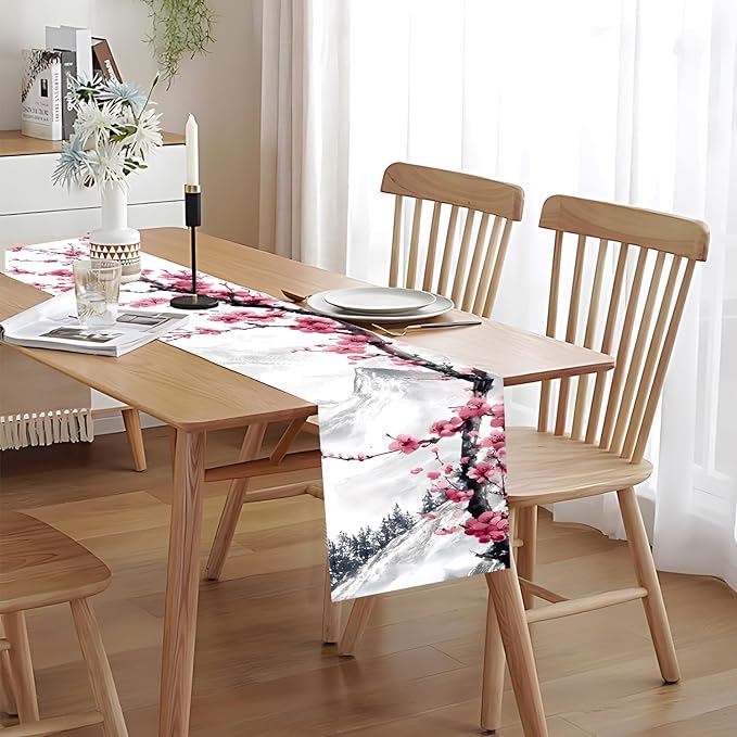 Asian Plum Blossom Table Runner – Elegant Ink Wash Cherry Flower Design – - Image 5