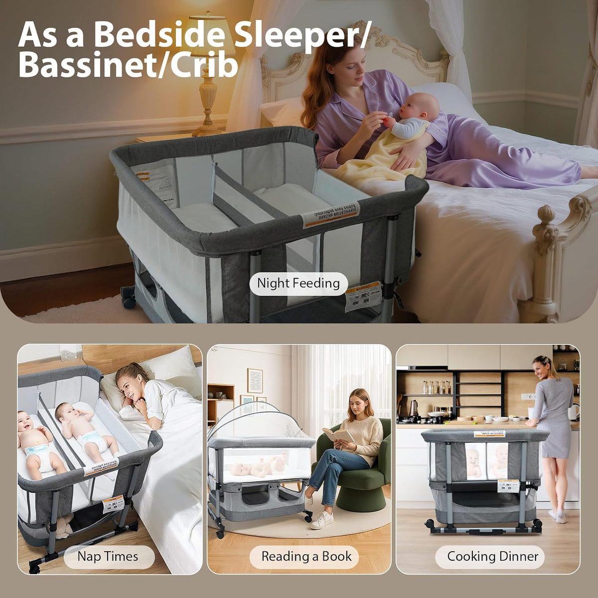 twin bassinet for 2 babies, rocking double bassinet, close-up detail