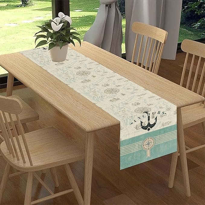 Nautical Table Runner, Retro Coastal Ship Anchor Treasure Map Compass Vintage - Image 2