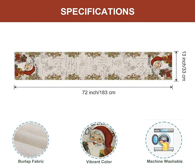 Vintage Christmas Santa Claus Table Runner 13x72 Inch Merry and Bright - Image 6