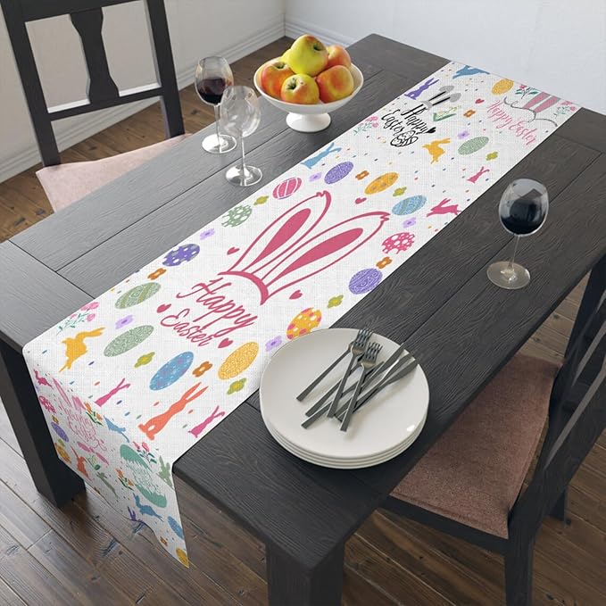 Happy Easter Table Runner, Easter Rabbits Linen Farmhouse Table Runners - Image 5
