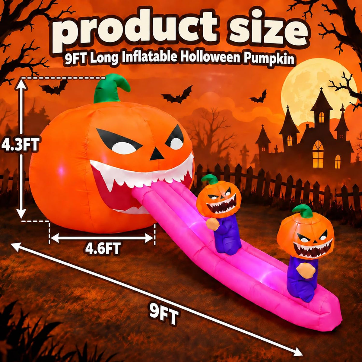 9FT Halloween Inflatables Pumpkin Outdoor Decorations, Blow Up Inflatable Giant Pumpkin Monster with Long Tongue and LEDs for Yard, Lawn, Garden, Porch and Party Deco