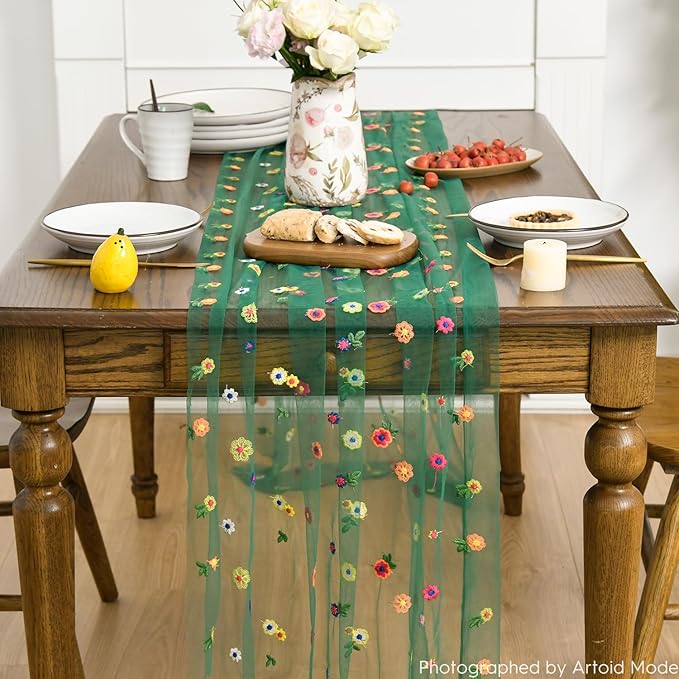 Artoid Mode 3PCS Dark Green Embroidery Daisy Gauze Table Runner 120 Inch 10FT - Image 2