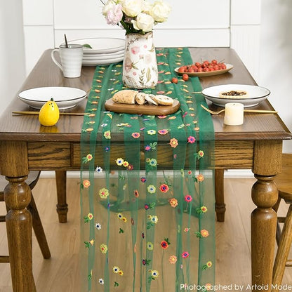 Artoid Mode 3PCS Dark Green Embroidery Daisy Gauze Table Runner 120 Inch 10FT - Image 2