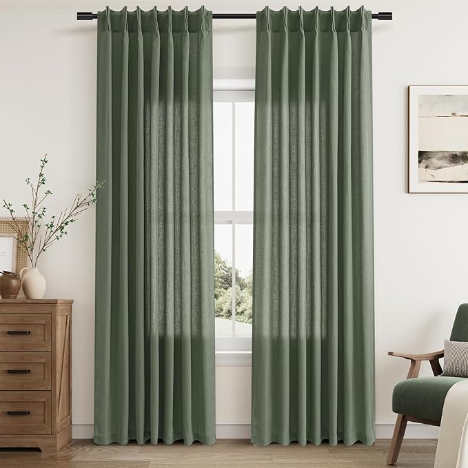 Olive Green Pinch Pleat Linen Curtains 86 Inch Length 2 Panels Set - Image 9