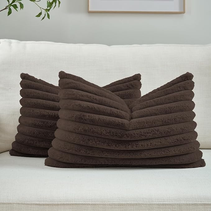 FUTEI Dark Coffee Throw Pillow Covers Set of 2, 12x20 Inch Striped Texture by FUTEI