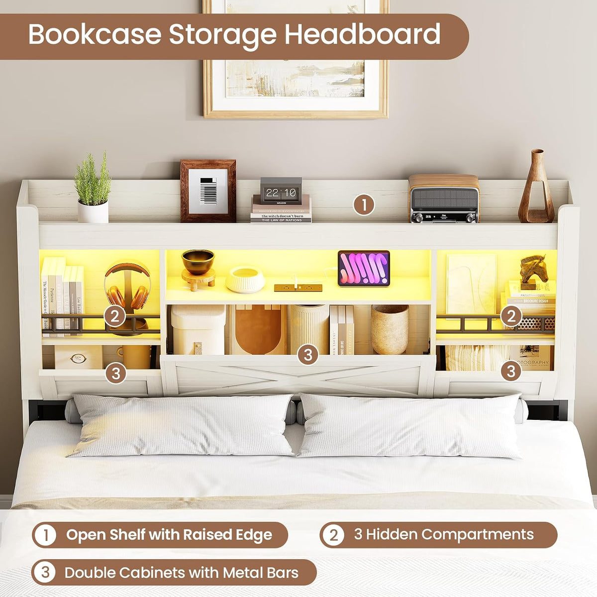 viagdo farmhouse queen bed frame with flip-down bookcase, side view
