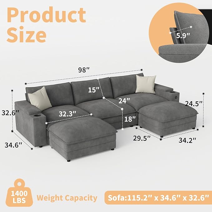 115" U Shaped Cloud Sofa Couch - Image 2