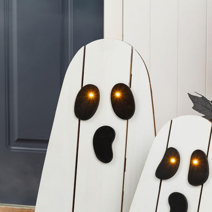Glitzhome Set of 2 Halloween Lighted Wood Ghost Porch Decor - 24" H & 18" H Handcrafted Solid Wood Ghost Signs with Metal Display Stand for Farmhouse, Front Door Outdoor Yard Halloween Decorations