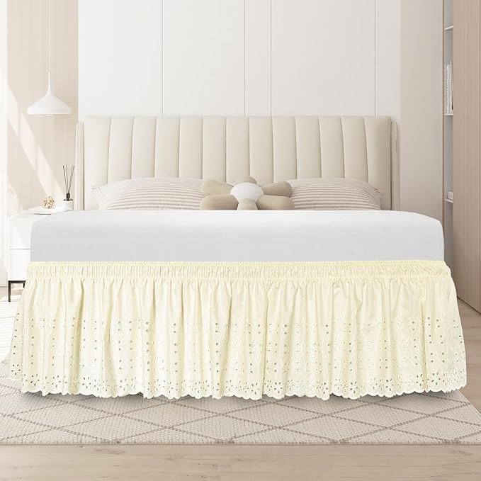 Queen Bed Skirt, Wrap-Around Elastic Ruffled Eyelet Bed Skirt Queen Size Dust by ANARACHON