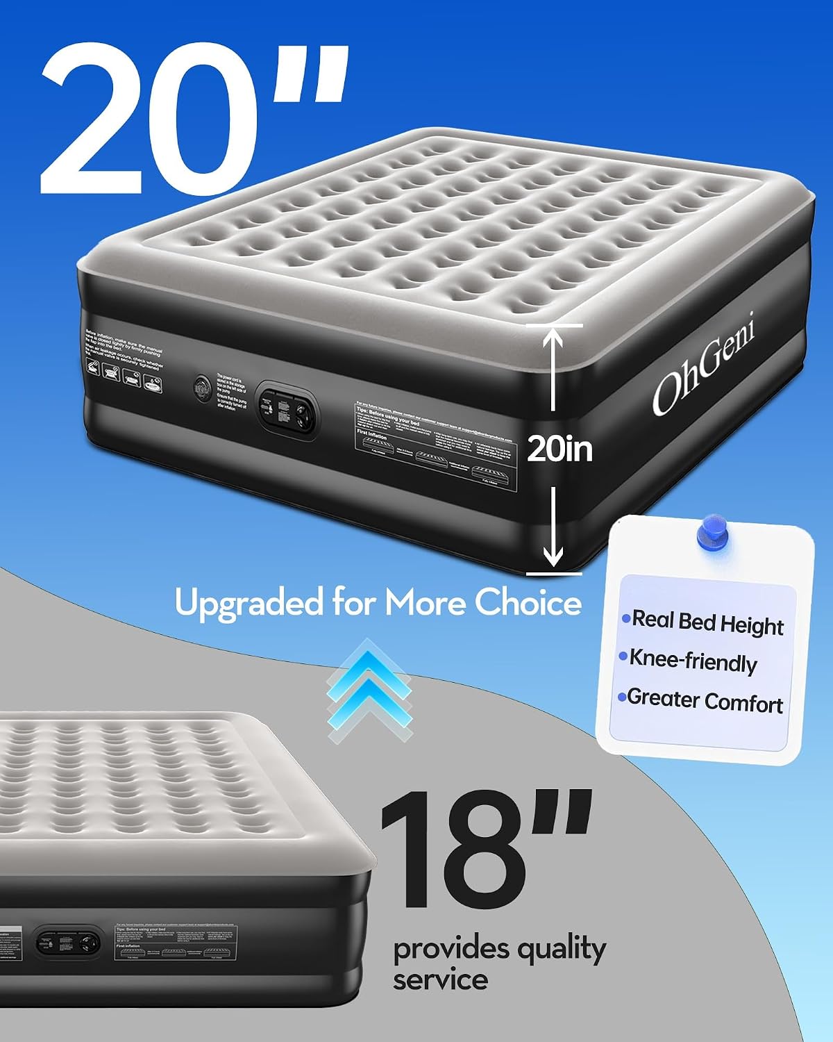 ohgeni 20" raised california king air mattress with on a desk or shelf