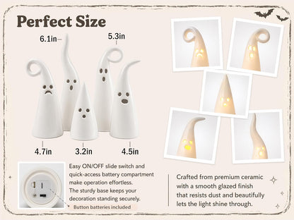 Parsin 5 PCS Ceramic Ghost Light Up Decor, Cute Halloween Decor