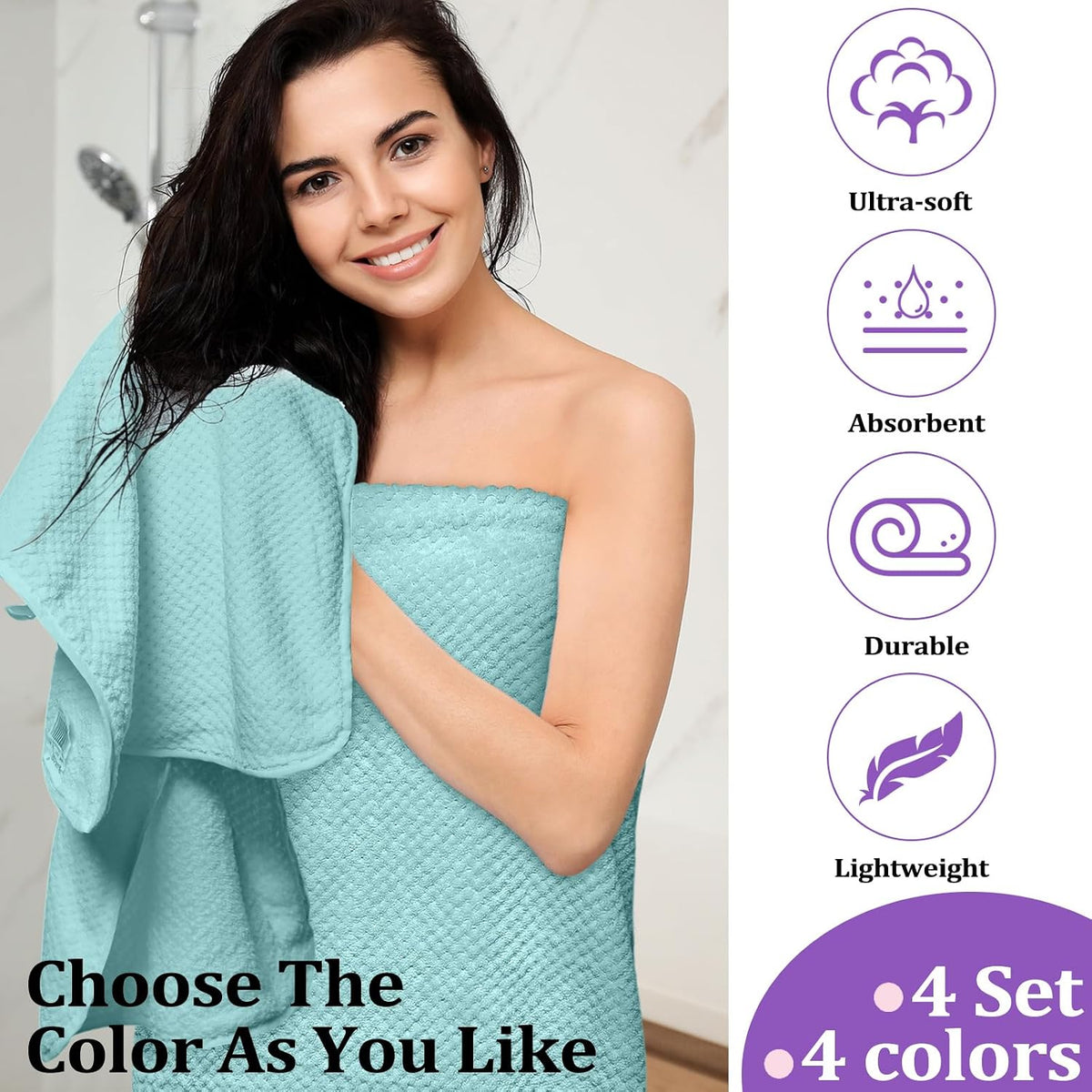 preboun 12 pcs bath towels set washcloths microfiber,pastel shown in use