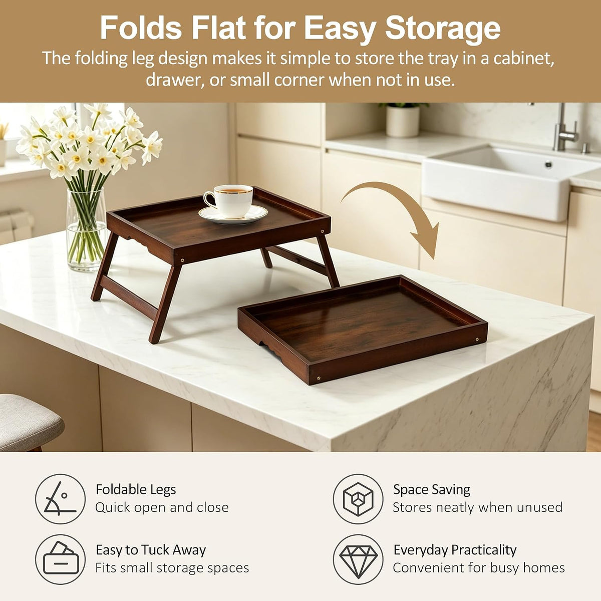 bamboo breakfast trays with folding legs, medium, 2-pack, side view
