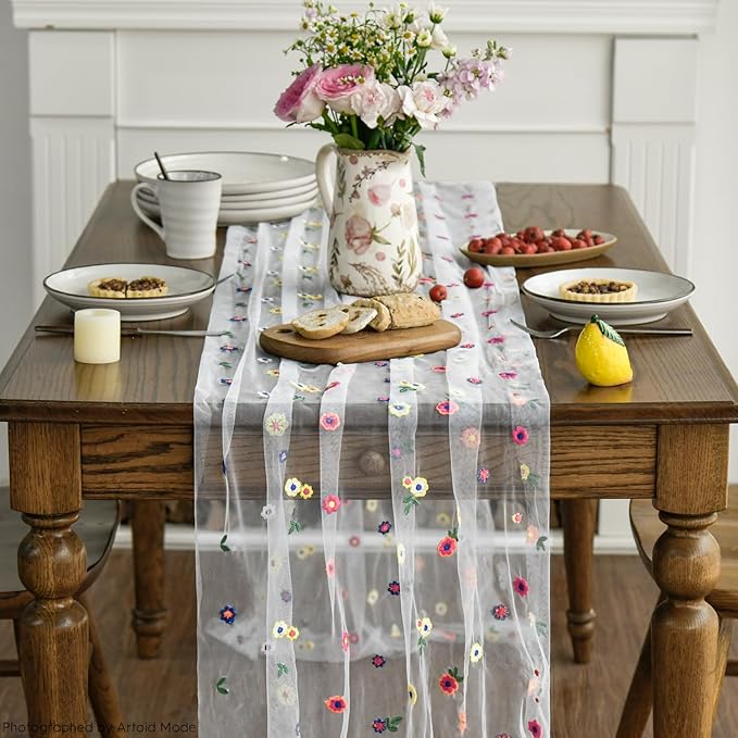 Artoid Mode Embroidery Daisy Spring Gauze Table Runner 59x120 Inch 10FT - Image 2