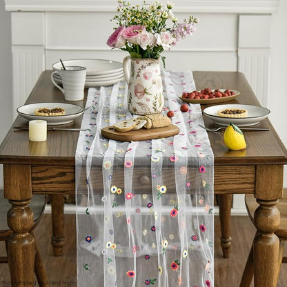 Artoid Mode Embroidery Daisy Spring Gauze Table Runner 59x120 Inch 10FT - Image 2