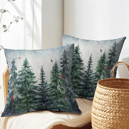 Green Tree Throw Pillow Covers Winter Snowy Forest Pillowcase 16x16 inch 2 PCS - Image 5