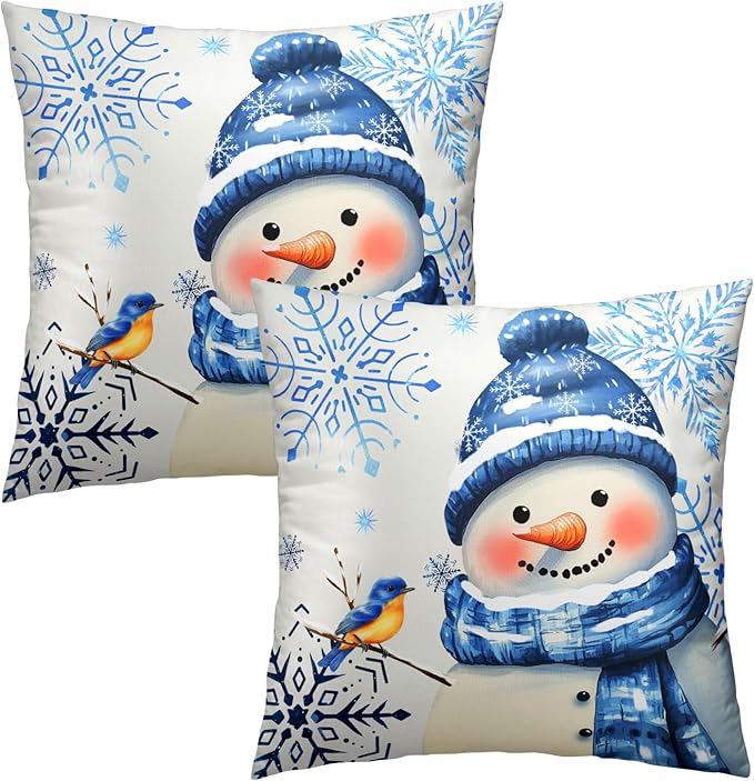 Winter Snowman Throw Pillow Covers 20x20 inch Set of 2 Christma Snowman Blue - Image 2