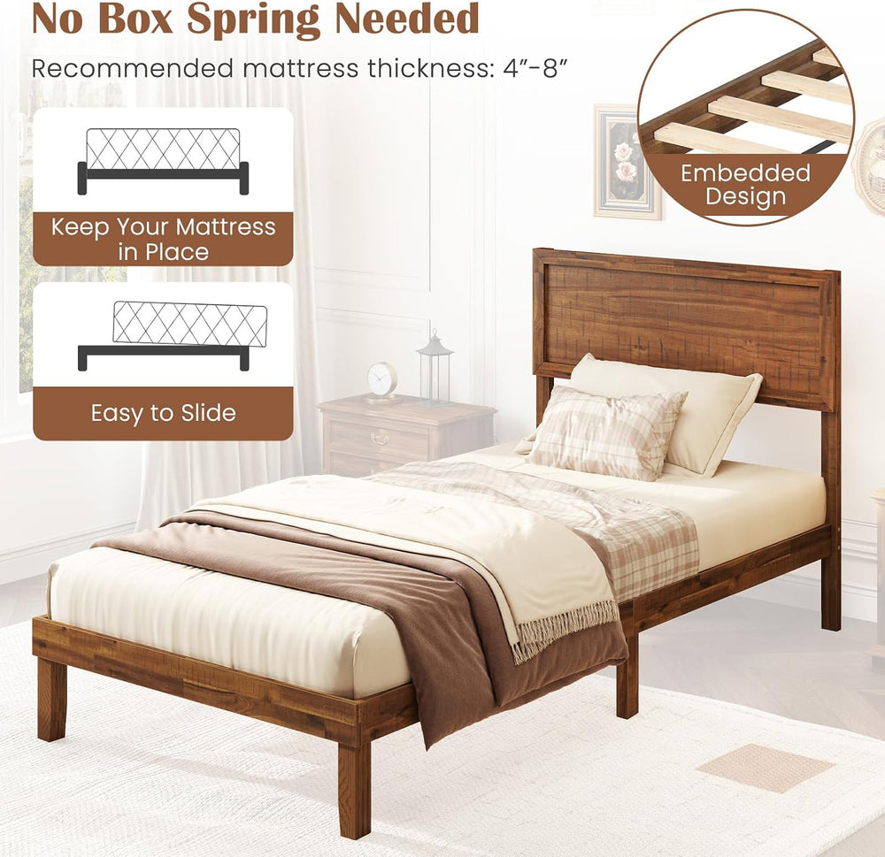 GIANTEX Wood Twin Bed Frames with Headboard, Mid Century Modern Platform Bed ...