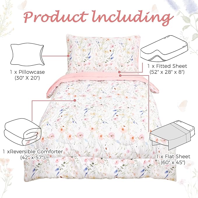 Toddler Bedding Set for Girls, 4 Piece Floral Toddler Comforter Set, Ultra Soft - Image 6