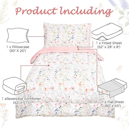 Toddler Bedding Set for Girls, 4 Piece Floral Toddler Comforter Set, Ultra Soft - Image 6