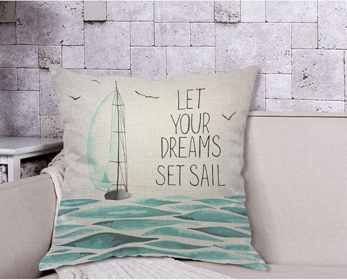 AOYEGO Sea Sailboat Motivational Quote Throw Pillow Cover Let Your Dreams Set - Image 4