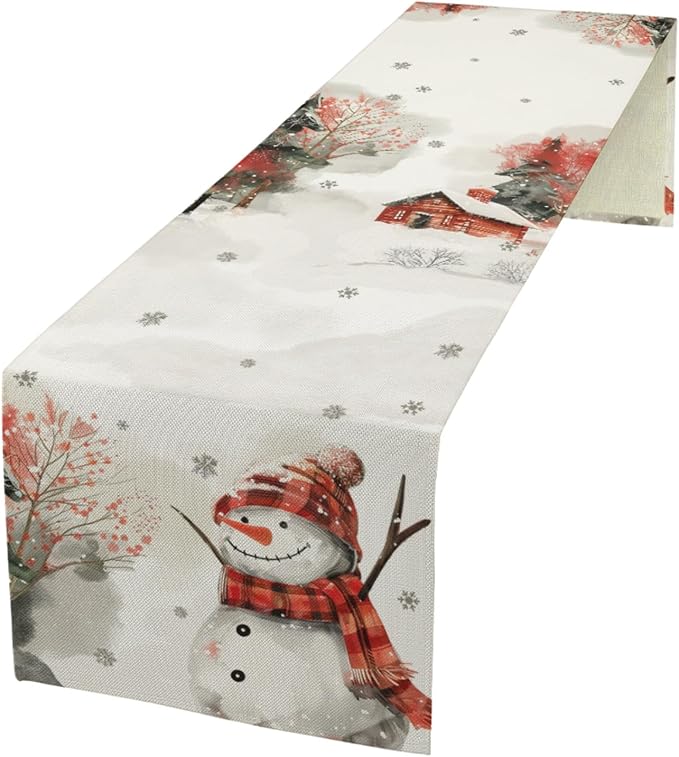 Snow Table Runner, Merry Christmas Linen Table Runner, Snowman Dining Table - Image 2