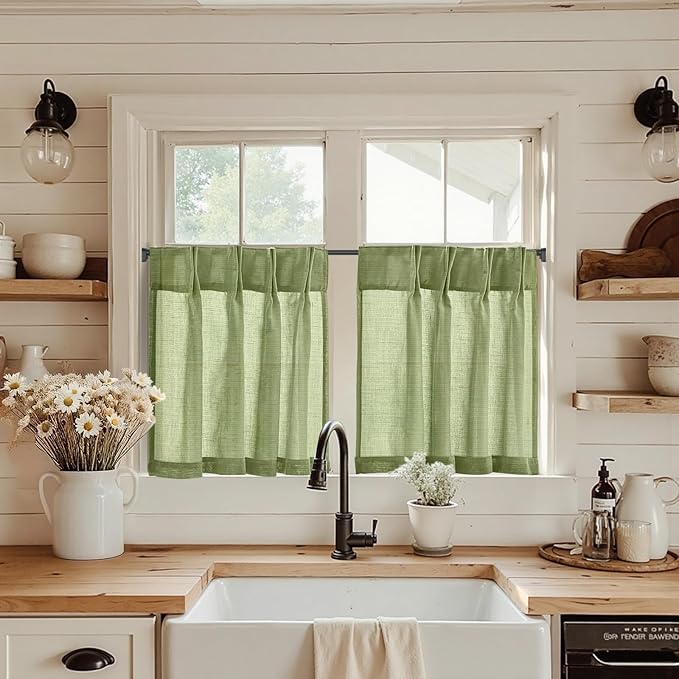 jinchan Linen Pinch Pleated Kitchen Curtains 30 Inch 2 Panels, Natural Linen by JINCHAN