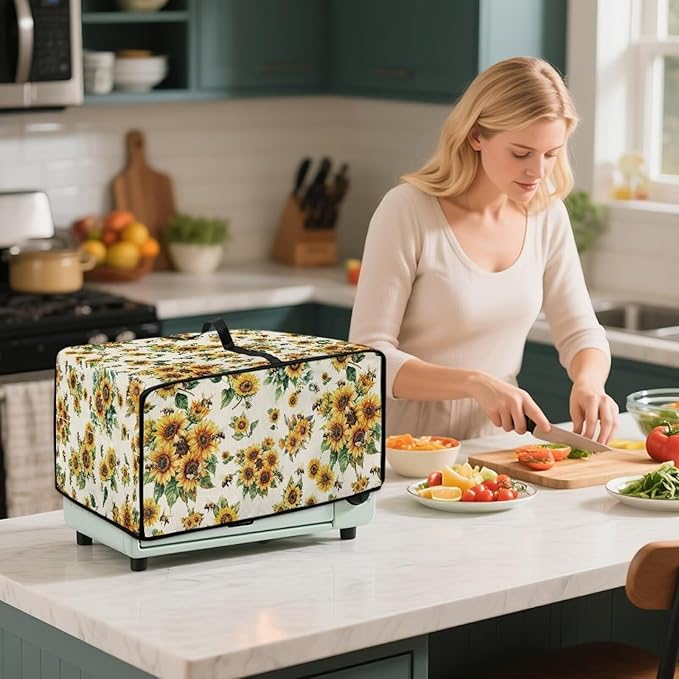 Sunflower Bee Print Toaster Oven Cover Dust-Proof Microwave Oven Cloth Cover - Image 3