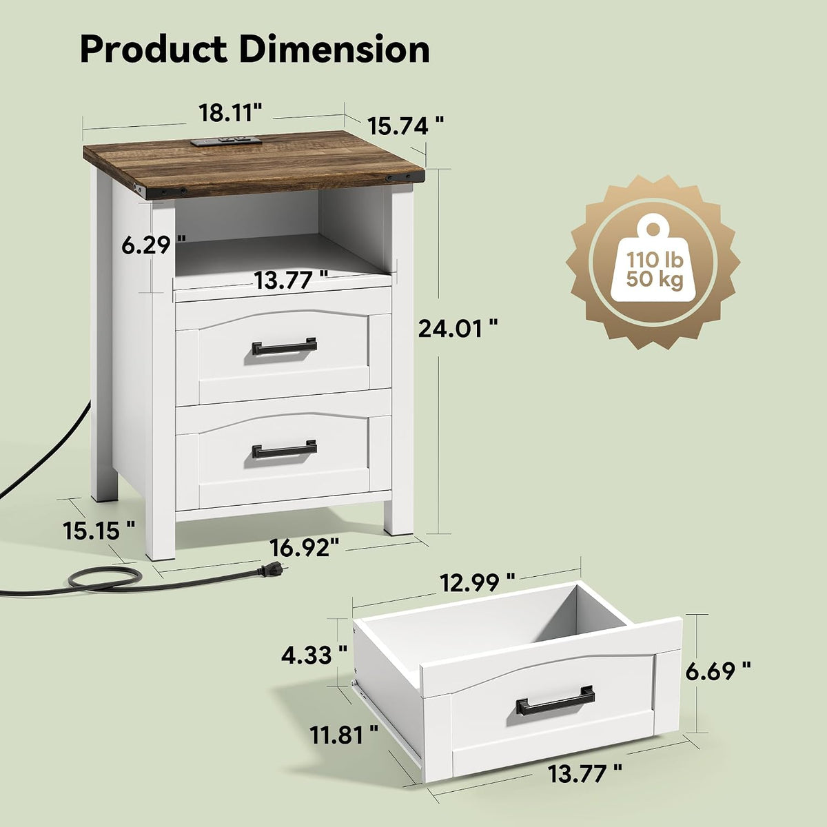 decofy farmhouse nightstand with charging station, 2 drawers shown in use