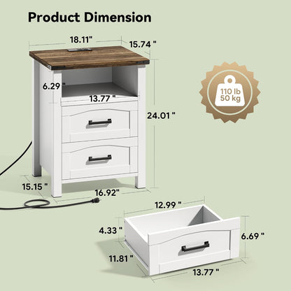 decofy farmhouse nightstand with charging station, 2 drawers shown in use